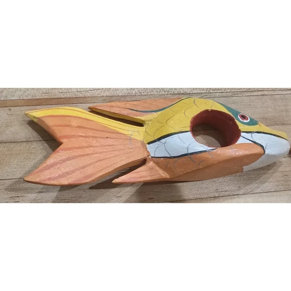 VTG Hand Painted Carved Wooden Tropical‎ Fish Sea Napkin Holders Rings Set of 8
